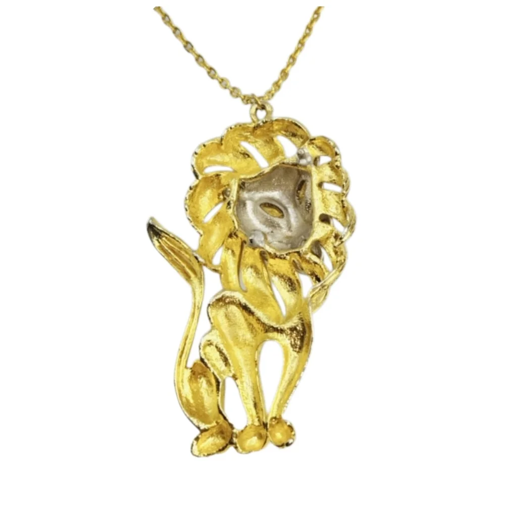 Gold & Silver Tone Lion Pendant Necklace w/ Red Eyes 28